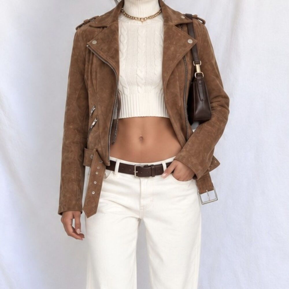 Vintage River Island Brown Genuine Leather Motorcycle Biker Style Jacket Size XS